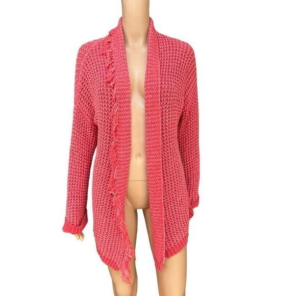 Free People silk blend I'll Be Around Coral Orange Fringe Trim Knit Cardigan XS - Picture 3 of 9